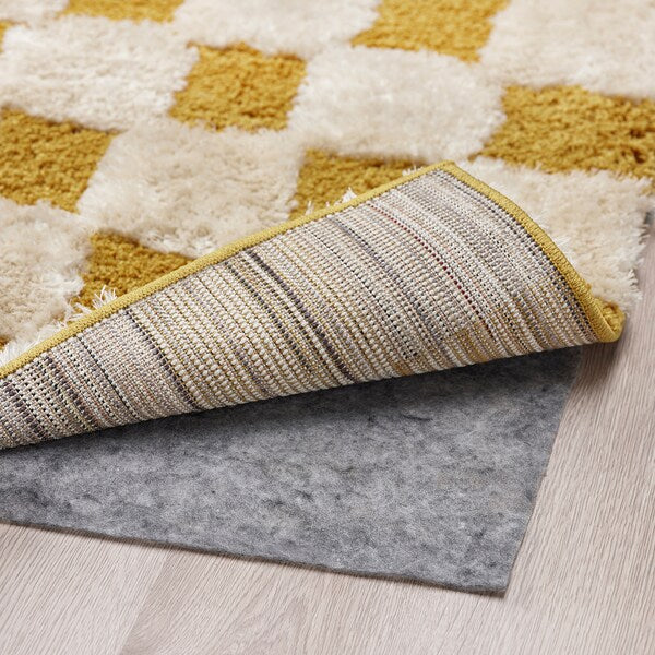 RULLBANA - Rug, high pile, off-white/dark yellow, 133x195 cm