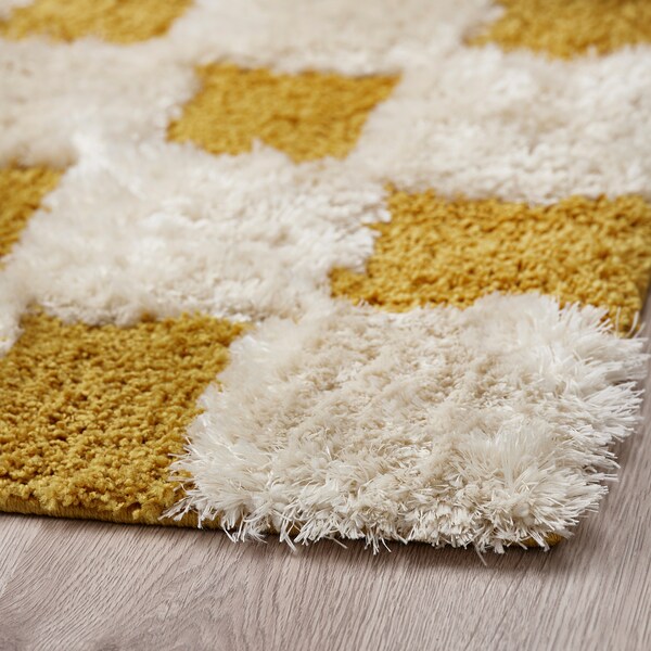 RULLBANA - Rug, high pile, off-white/dark yellow, 133x195 cm