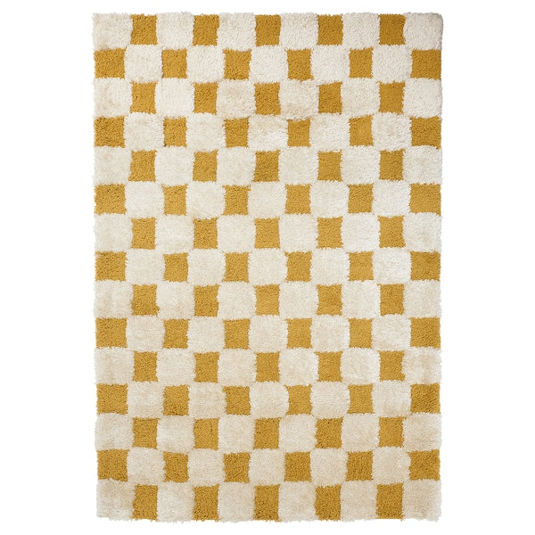 RULLBANA - Rug, high pile, off-white/dark yellow, 133x195 cm