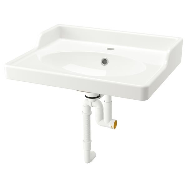 RUTSJÖN wash-basin with water trap, white, 62x49 cm