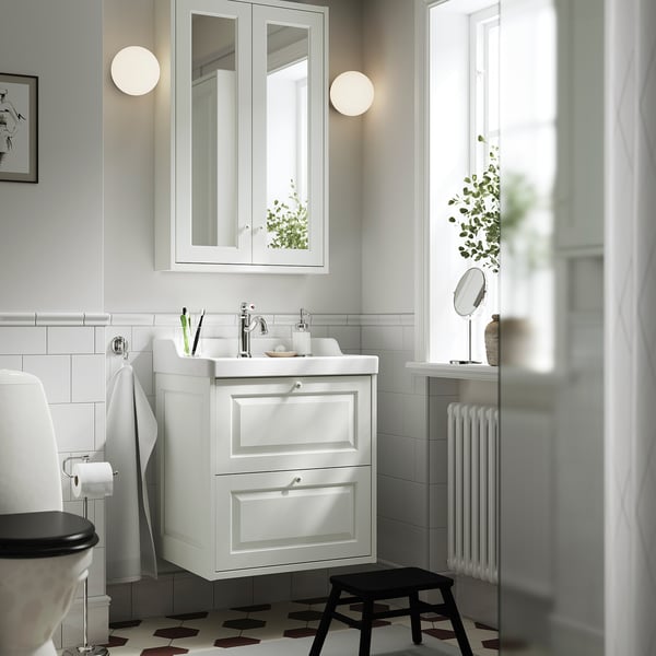 RUTSJÖN - Wash-basin with water trap, white, 62x49 cm