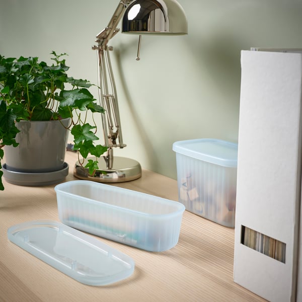 RYKTA storage box with lid, transparent grey-blue, 9x24x7 cm/0.5 l