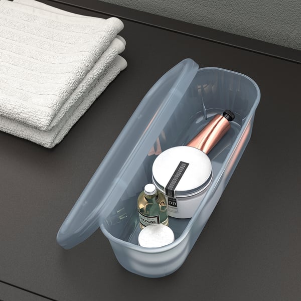 RYKTA - RYKTA Storage box with lid, transparent grey-blue, 9x24x7 cm/0.5 l