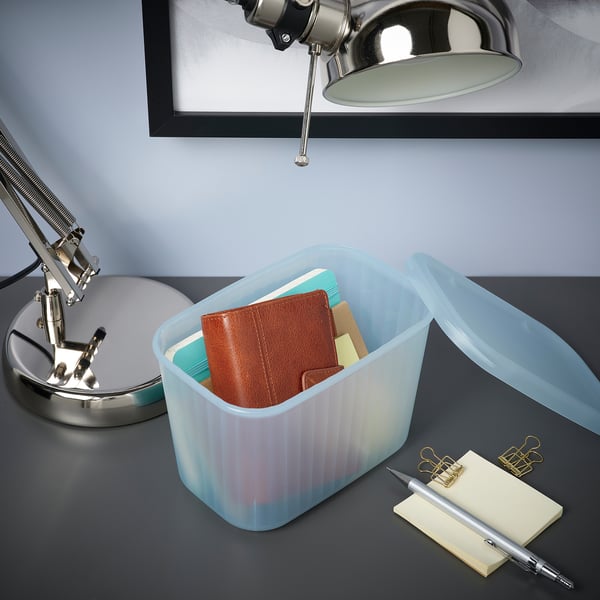 RYKTA storage box with lid, transparent grey-blue, 12x18x12 cm/1.5 l