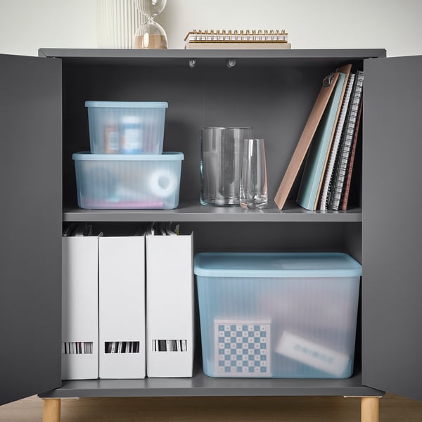 RYKTA storage box with lid, transparent grey-blue, 12x18x12 cm/1.5 l