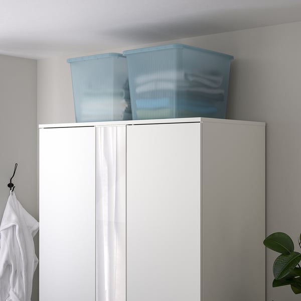 RYKTA storage box with lid, transparent grey-blue, 36x50x35 cm/44.5 l