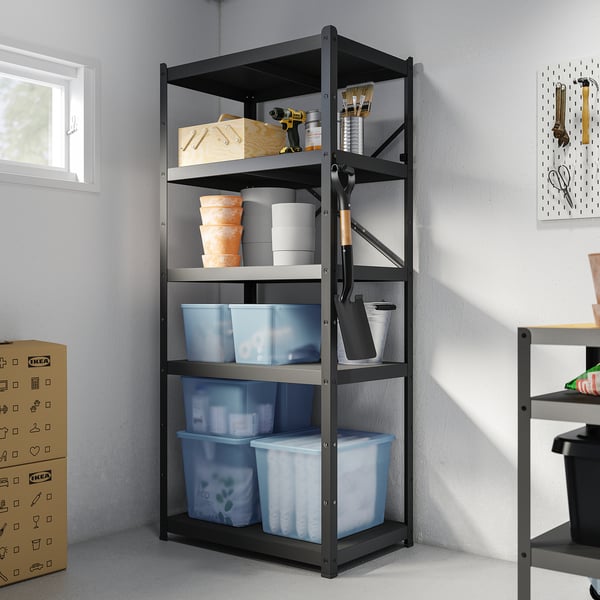 RYKTA storage box with lid, transparent grey-blue, 36x50x35 cm/44.5 l