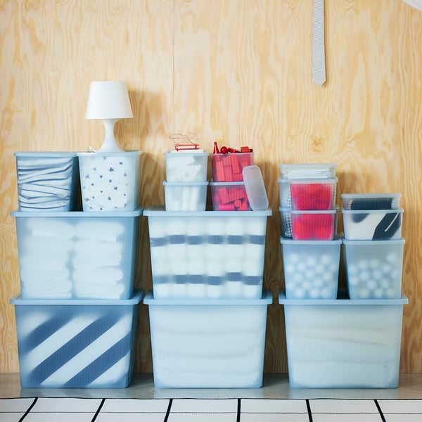 RYKTA - RYKTA Storage box with lid, transparent grey-blue, 9x24x7 cm/0.5 l