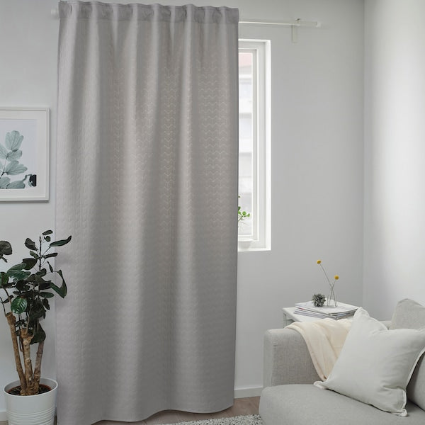 RYSSBRÄKEN room darkening curtain, 1 piece, light grey/with heading tape, 140x300 cm