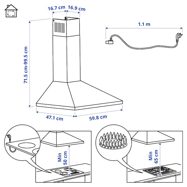 Ikea RYTMISK Hood to be fixed to the wall - stainless steel 60 cm , 60 cm