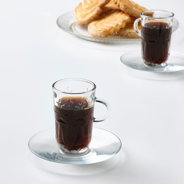 SÄLLSKAPLIG Cup and saucer - transparent/fancy glass 7 cl , 7 cl