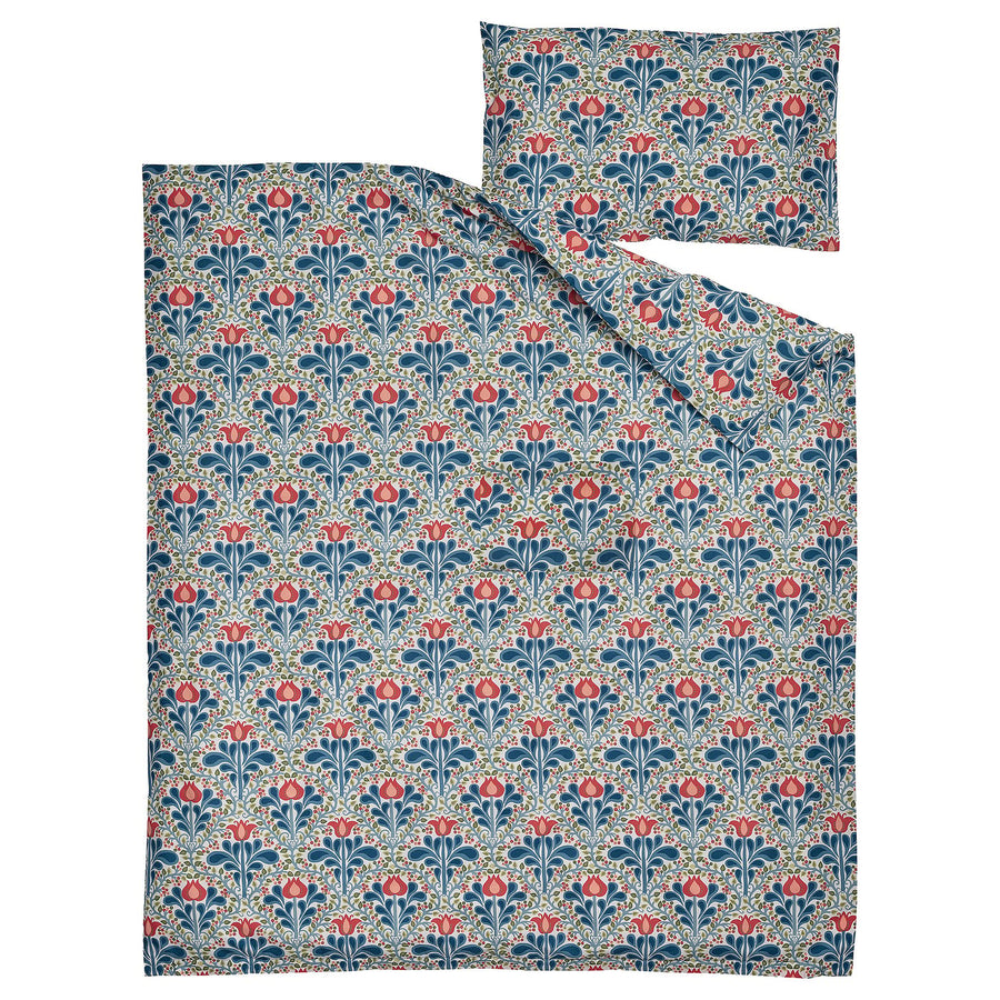 SÄTERVIDE duvet cover 1 pillowcase for cot, white blue/floral pattern, 110x125/35x55 cm