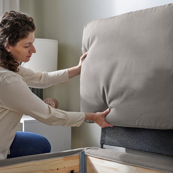 SAGESUND upholstered bed frame, Diseröd brown/Lindbåden, 180x200 cm