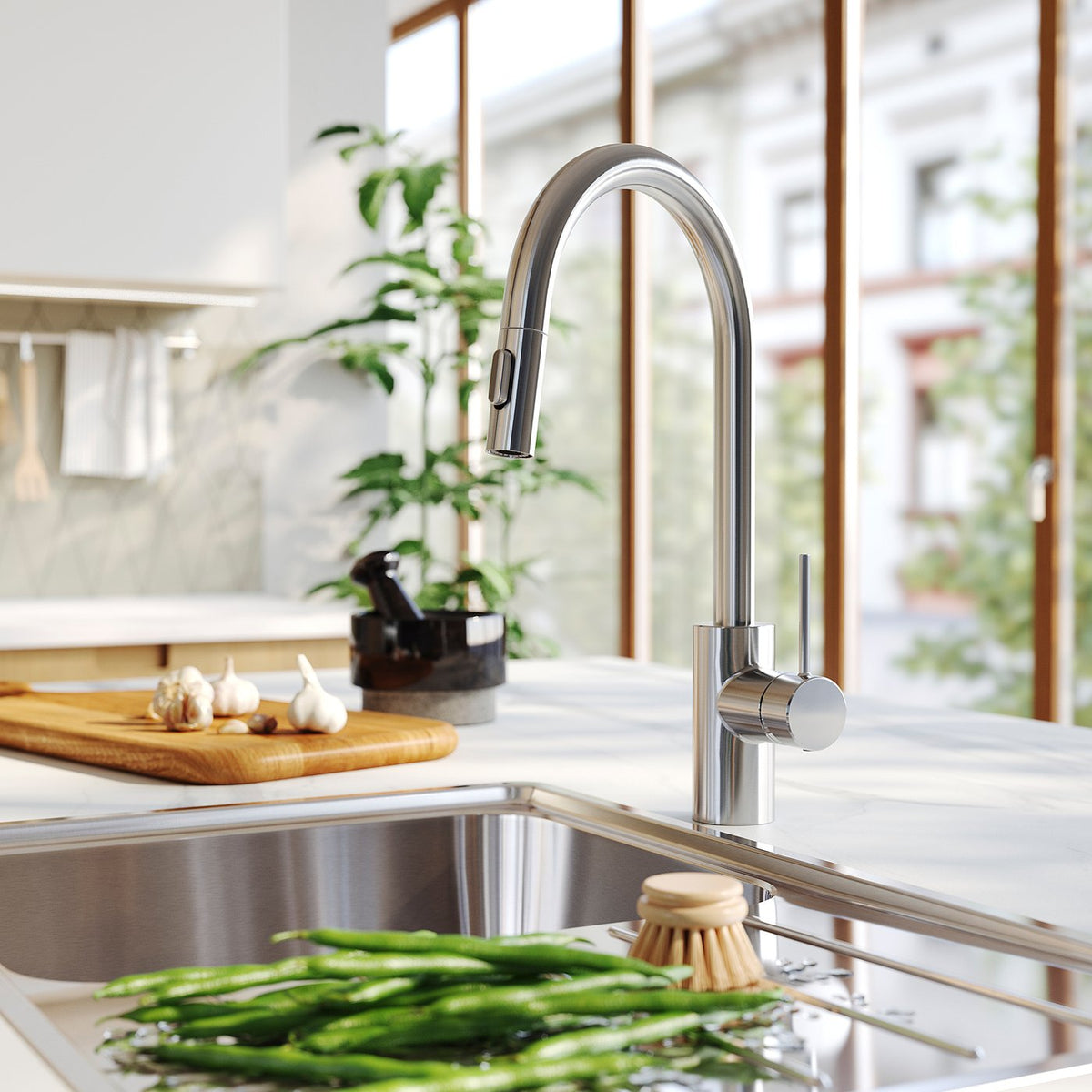 SALLSJÖN kitchen mixer tap pull out w spray, stainless steel colour