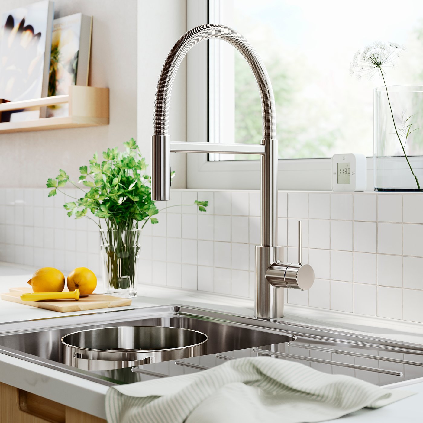 SALLSJÖN kitchen mixer tap pull down w spray, stainless steel colour
