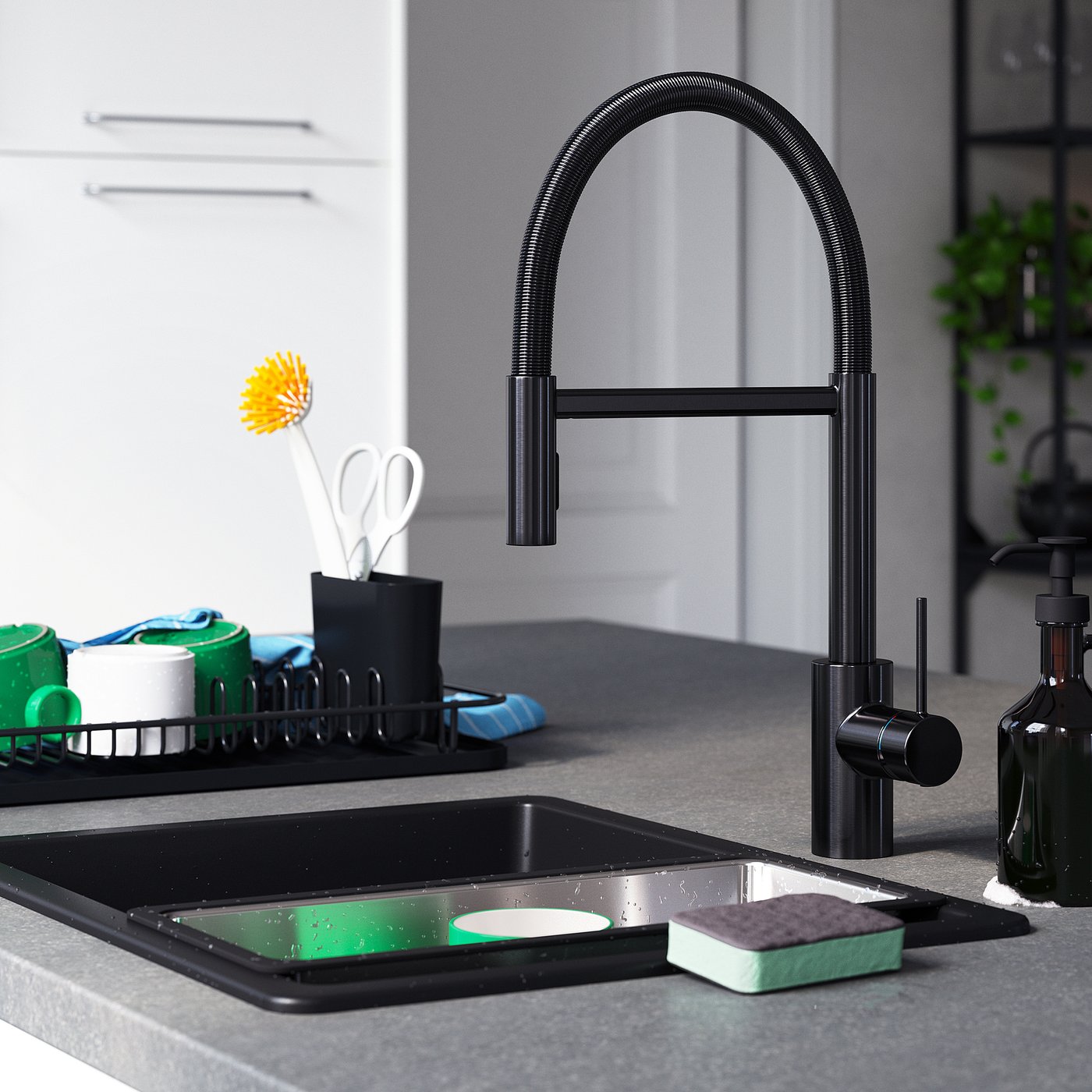 SALLSJÖN kitchen mixer tap pull down w spray, black