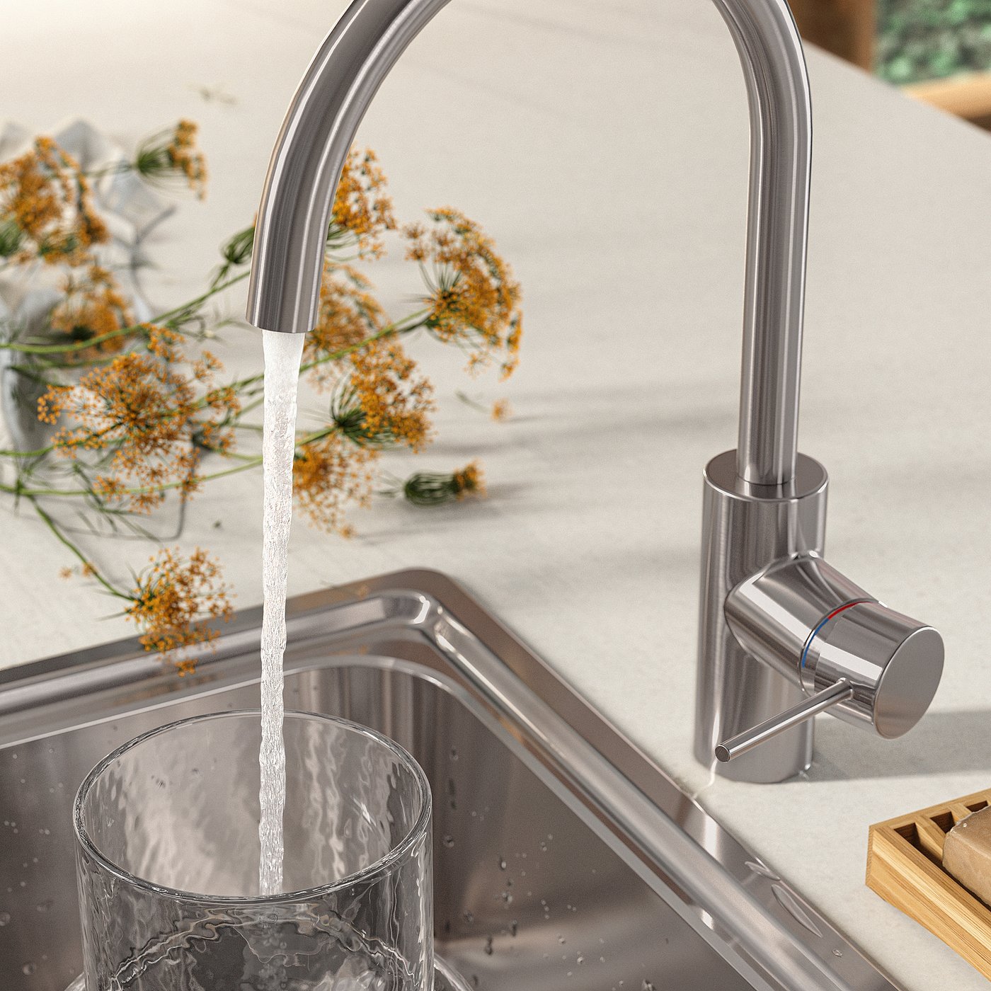 SALLSJÖN kitchen mixer tap single side lever, stainless steel colour