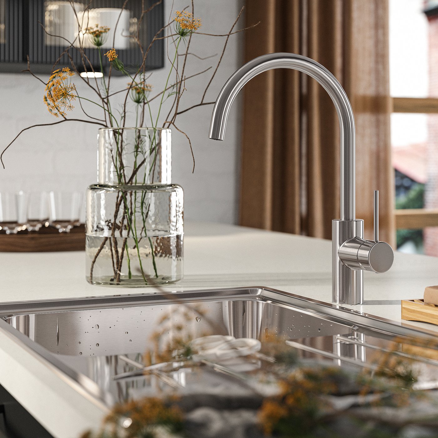 SALLSJÖN kitchen mixer tap single side lever, stainless steel colour