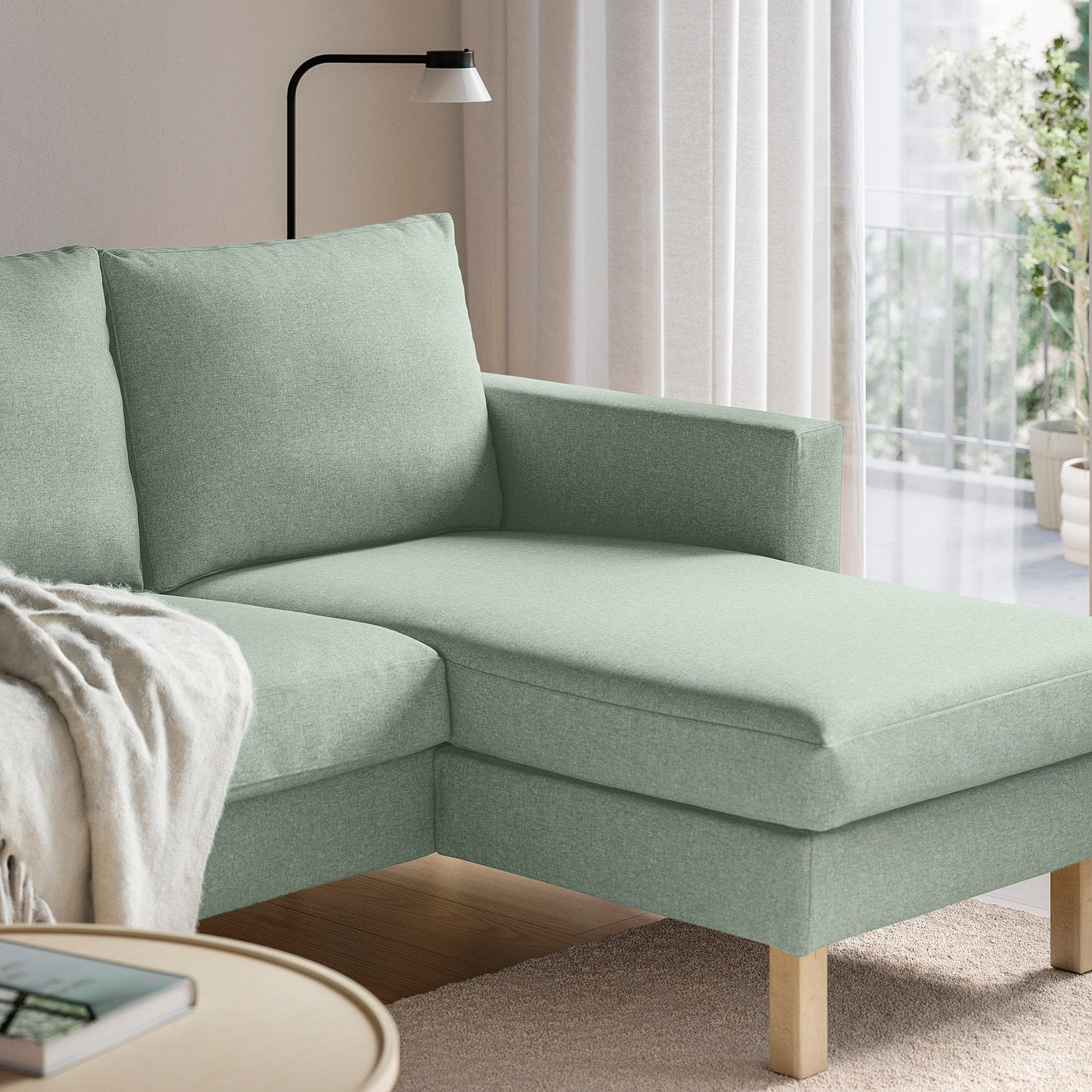 SALTSJÖBADEN 3-seat sofa with chaise longue, Gunnared light green, 233x17x132 cm