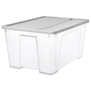 SAMLA box with lid, transparent/light grey, 57x39x28 cm/45 l