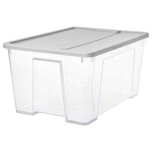 SAMLA box with lid, transparent/light grey, 57x39x28 cm/45 l
