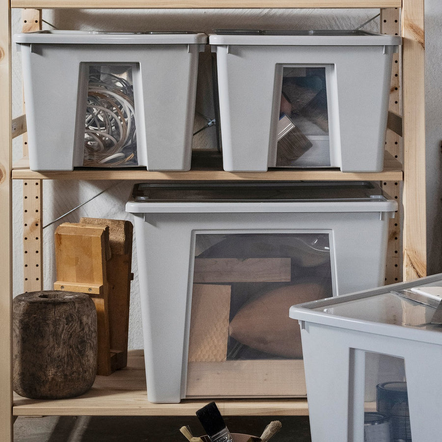 SAMLA box with lid, transparent/light grey, 57x28x39 cm