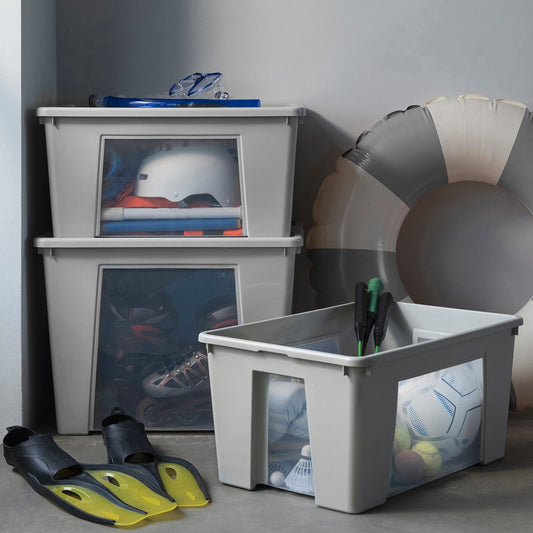 SAMLA box with lid, transparent/light grey, 57x39x28 cm/45 l