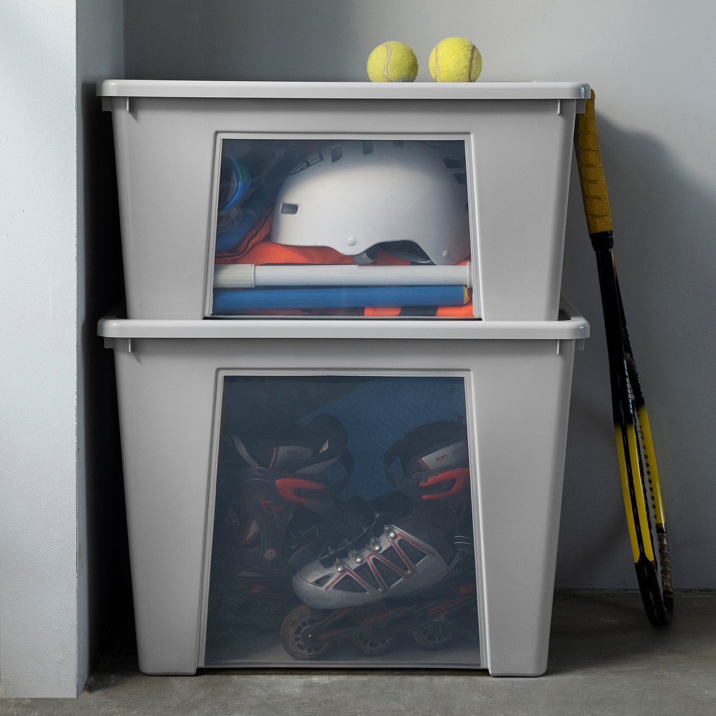 SAMLA box with lid, transparent/light grey, 57x39x42 cm/65 l