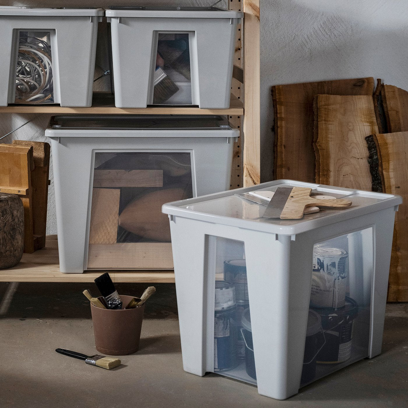 SAMLA box with lid, transparent/light grey, 57x39x42 cm/65 l