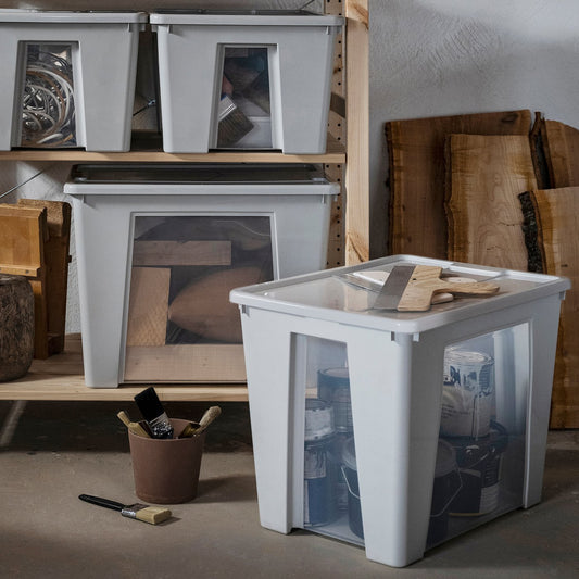 SAMLA box with lid, transparent/light grey, 57x39x42 cm/65 l