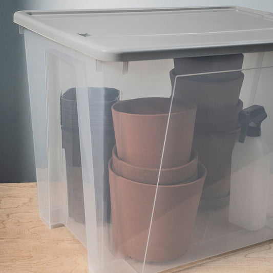 SAMLA box with lid, transparent/light grey, 57x39x42 cm/65 l