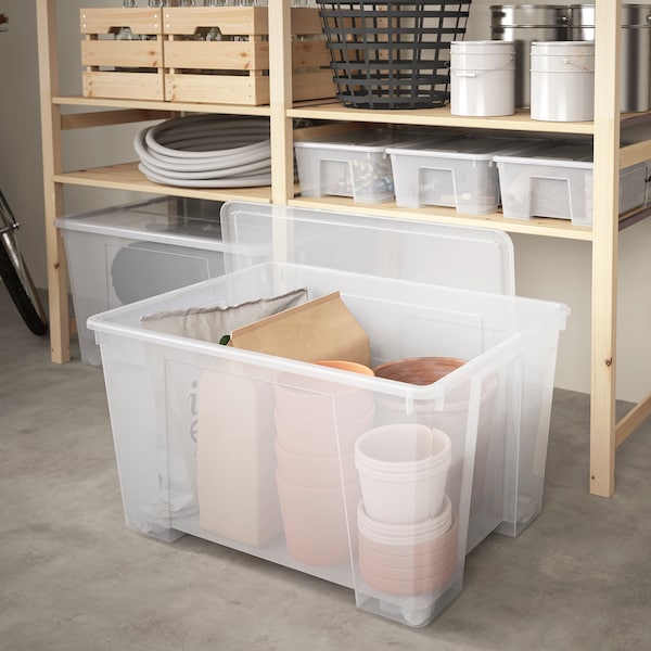 SAMLA - Box with lid, transparent, 79x57x43 cm/130 l