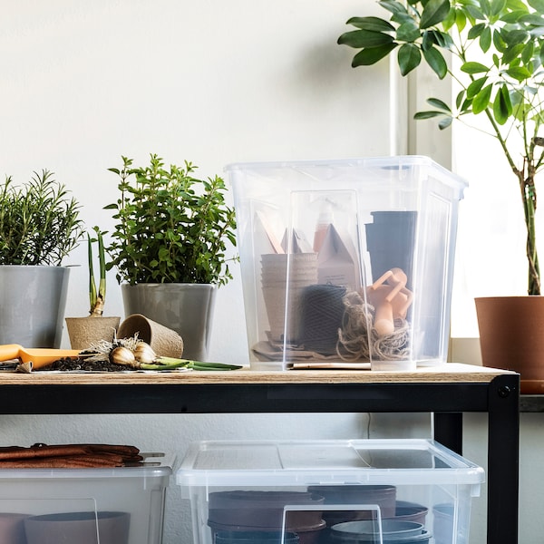 SAMLA - Box with lid, transparent, 39x28x28 cm/22 l