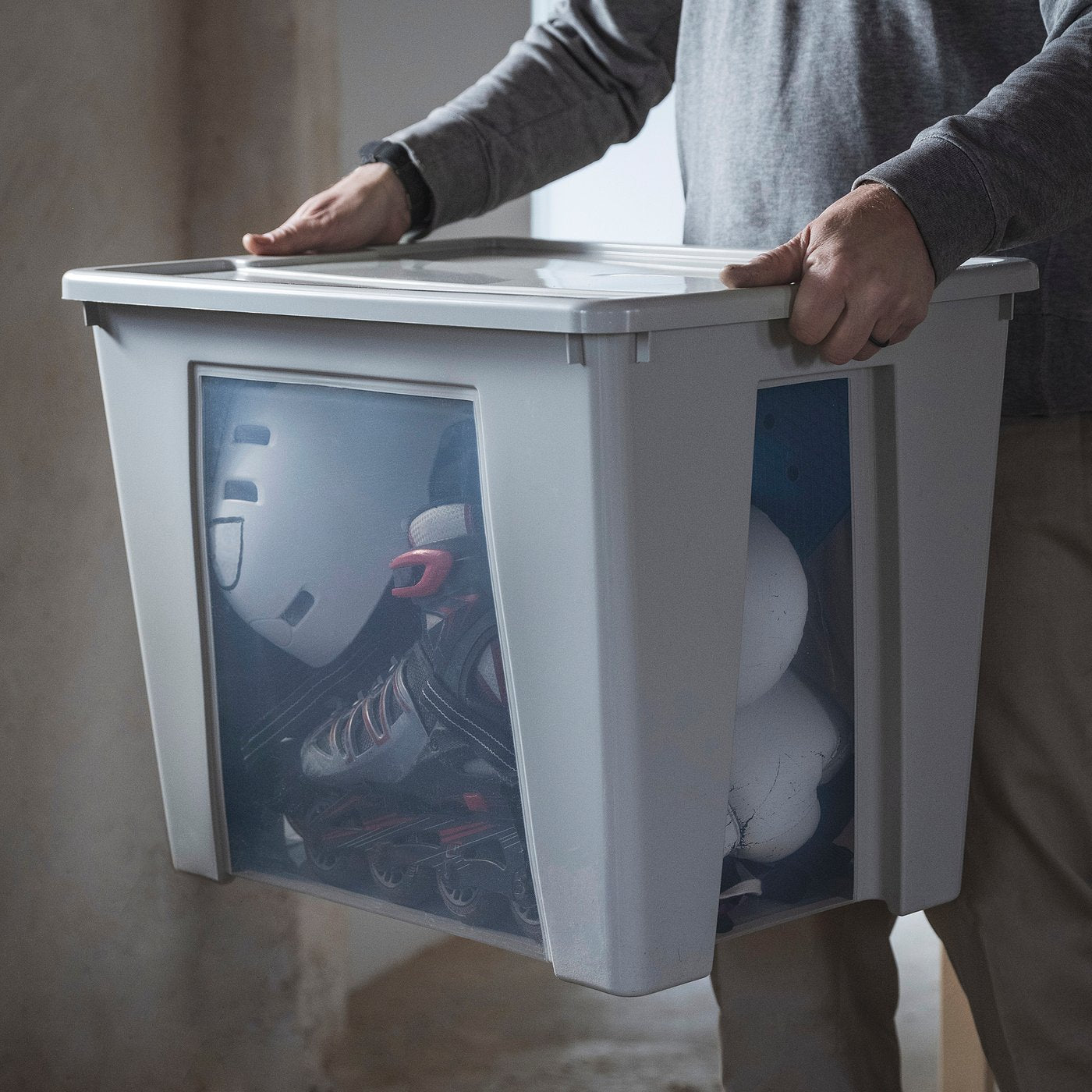 SAMLA box, transparent/light grey, 56x39x42 cm/65 l