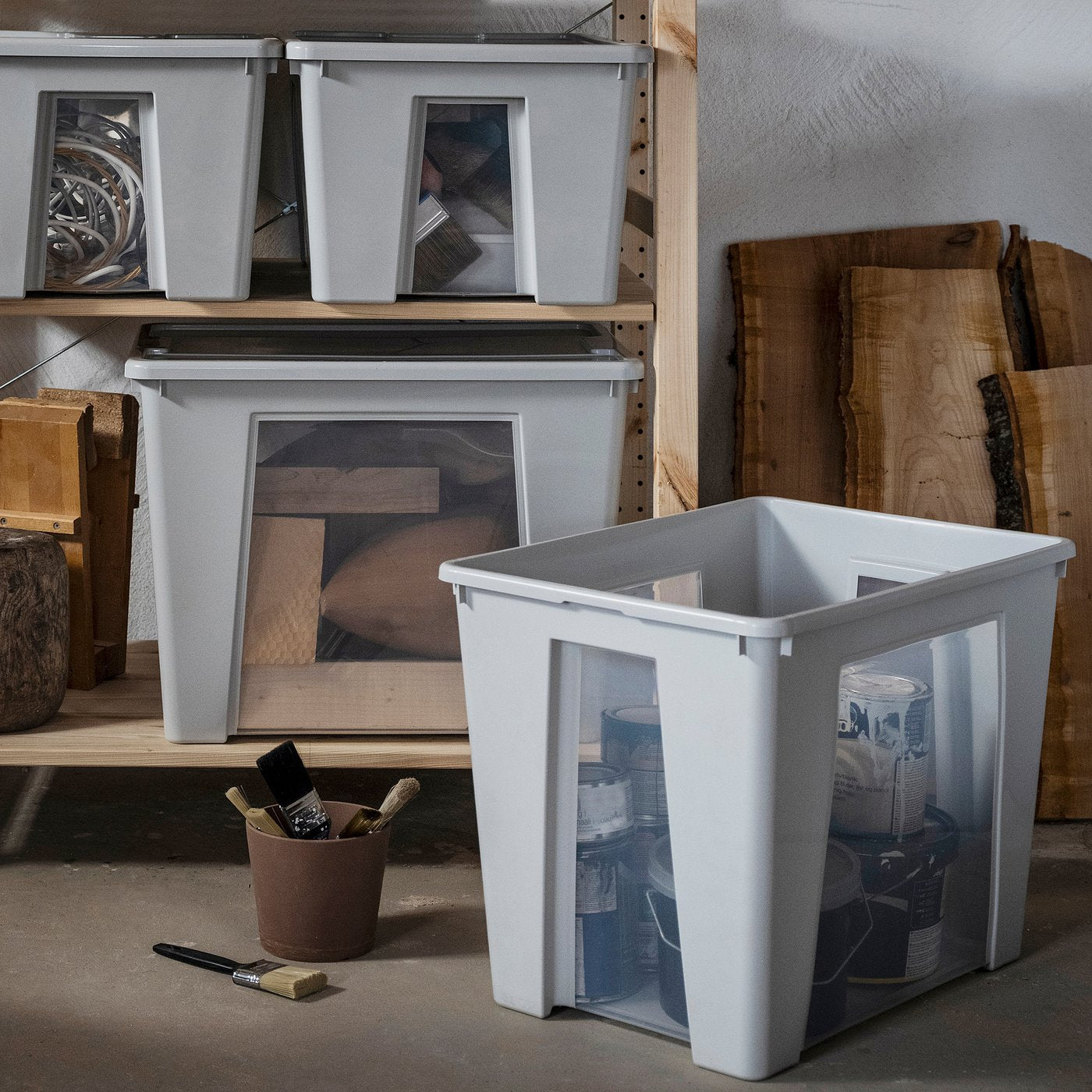 SAMLA box, transparent/light grey, 56x39x42 cm/65 l