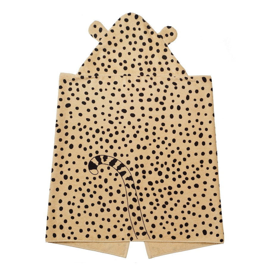 SANDLÖPARE towel with hood, light brown/cheetah pattern, 70x140 cm