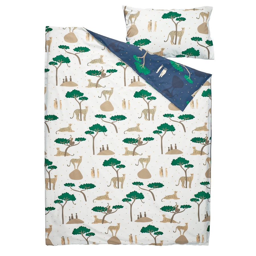 SANDLÖPARE duvet cover and pillowcase, white dark blue/savannah, 150x200/50x80 cm