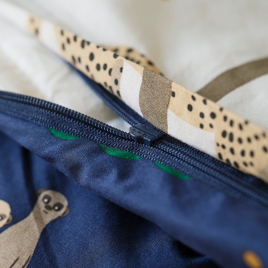 SANDLÖPARE duvet cover and pillowcase, white dark blue/savannah, 150x200/50x80 cm