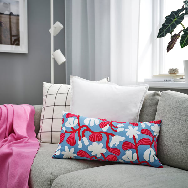 SANDMOTT cushion, light blue/bright red, 30x58 cm