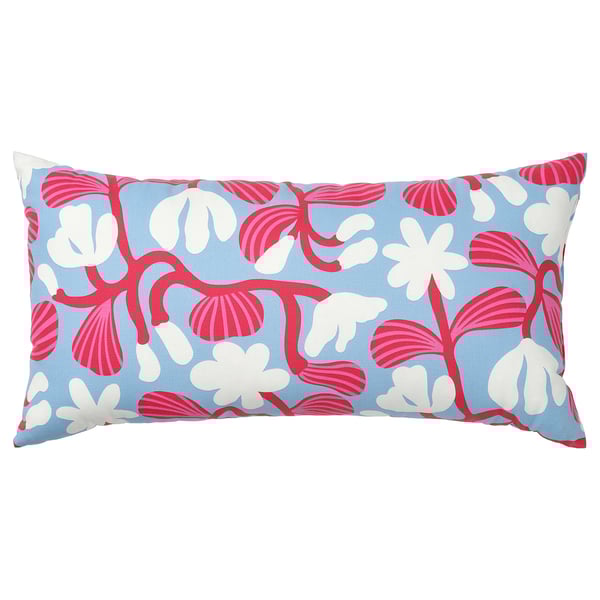 SANDMOTT cushion, light blue/bright red, 30x58 cm
