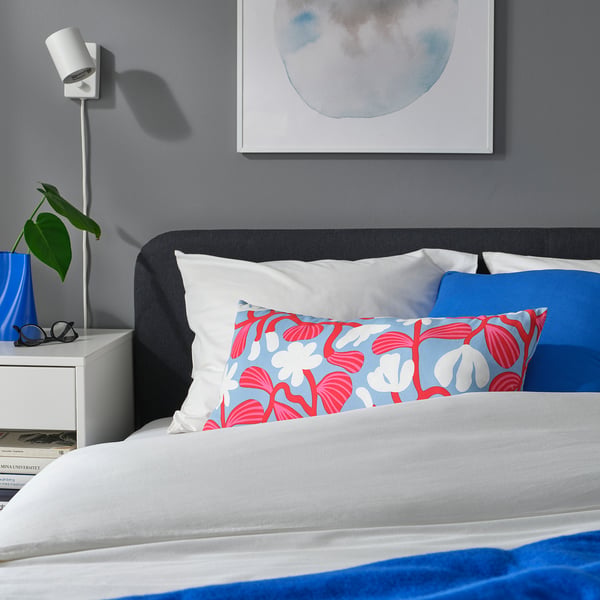 SANDMOTT cushion, light blue/bright red, 30x58 cm