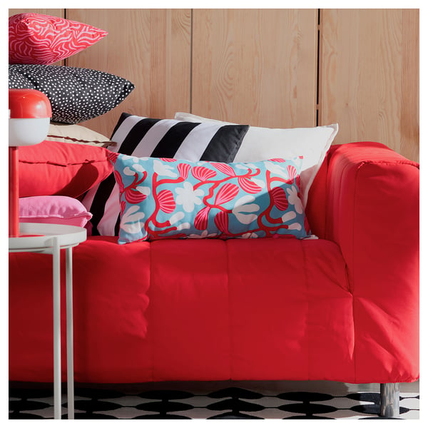 SANDMOTT cushion, light blue/bright red, 30x58 cm