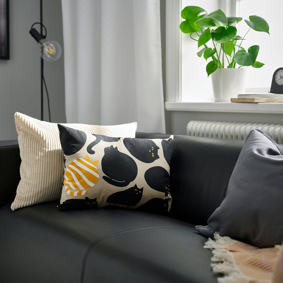SANDMOTT cushion, beige black/cat pattern, 35x50 cm