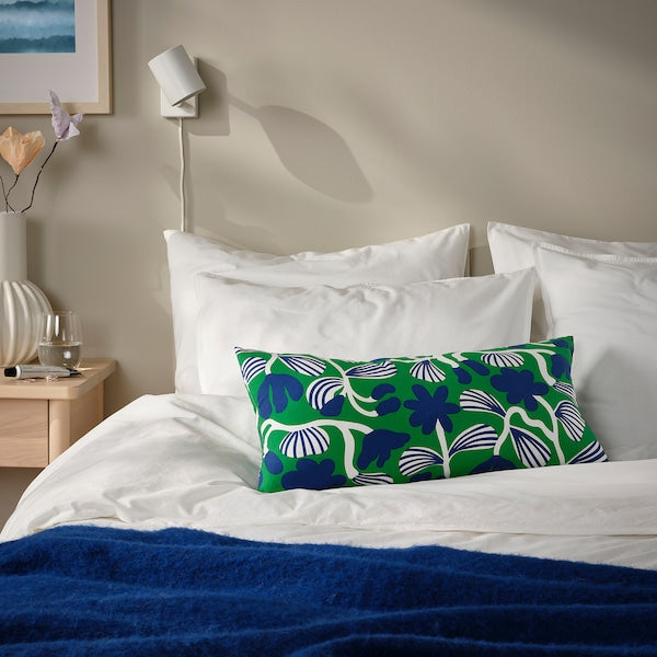 SANDMOTT - Pillow, bright green/dark blue,30x58 cm