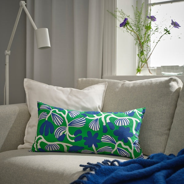 SANDMOTT - Pillow, bright green/dark blue,30x58 cm