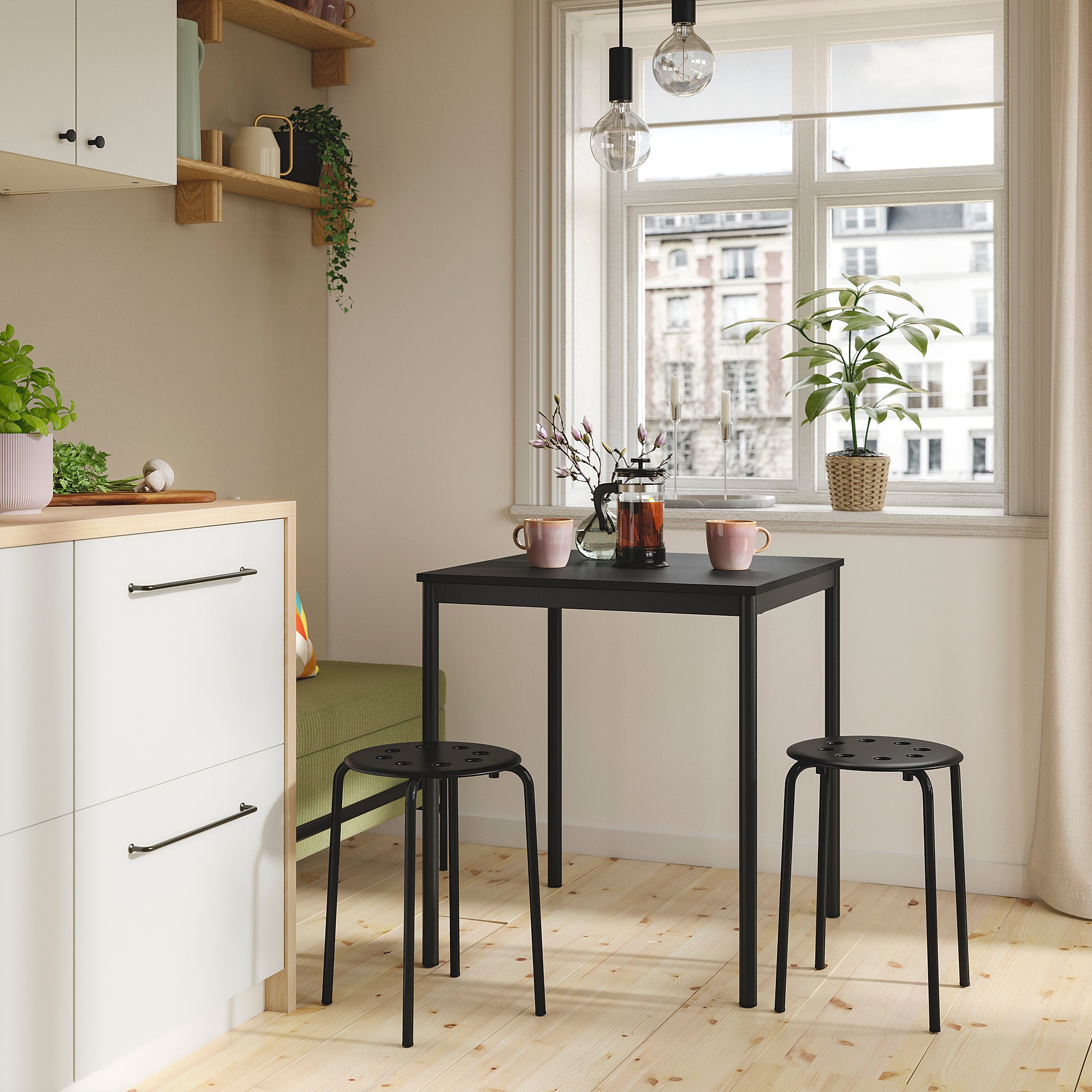 SANDSBERG / MARIUS table and 2 stools, black black/black, 67x67 cm