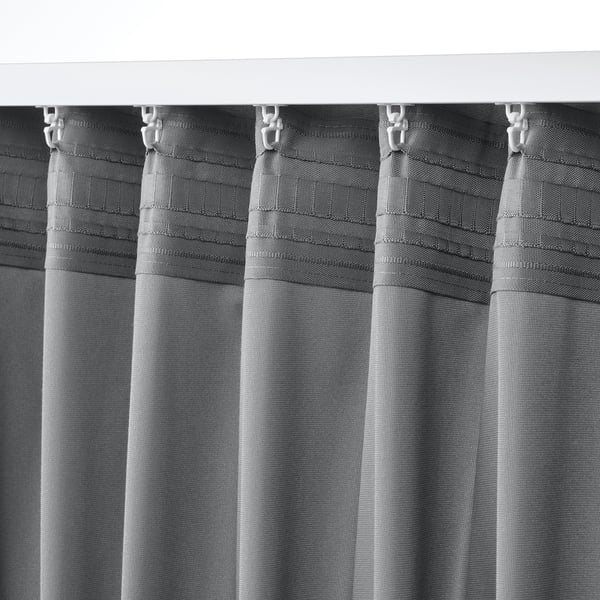 SANDSVINGEL curtains, 1 pair, grey/with heading tape, 135x300 cm
