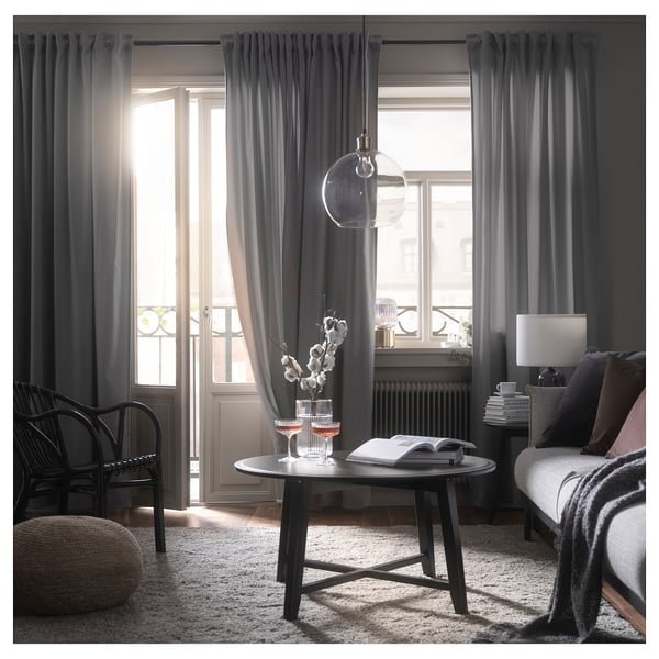 SANDSVINGEL curtains, 1 pair, grey/with heading tape, 135x300 cm