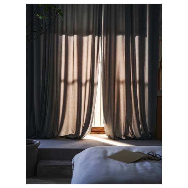 SANDSVINGEL curtains, 1 pair, grey/with heading tape, 135x300 cm