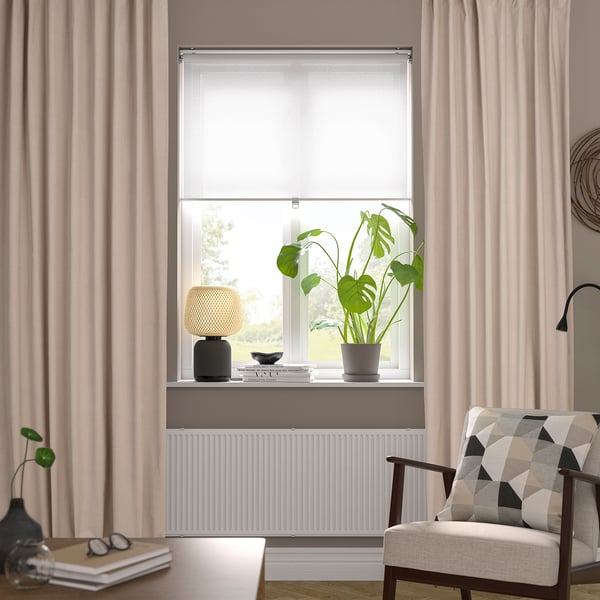 SANELA curtains, 1 pair, light beige/with heading tape, 140x300 cm